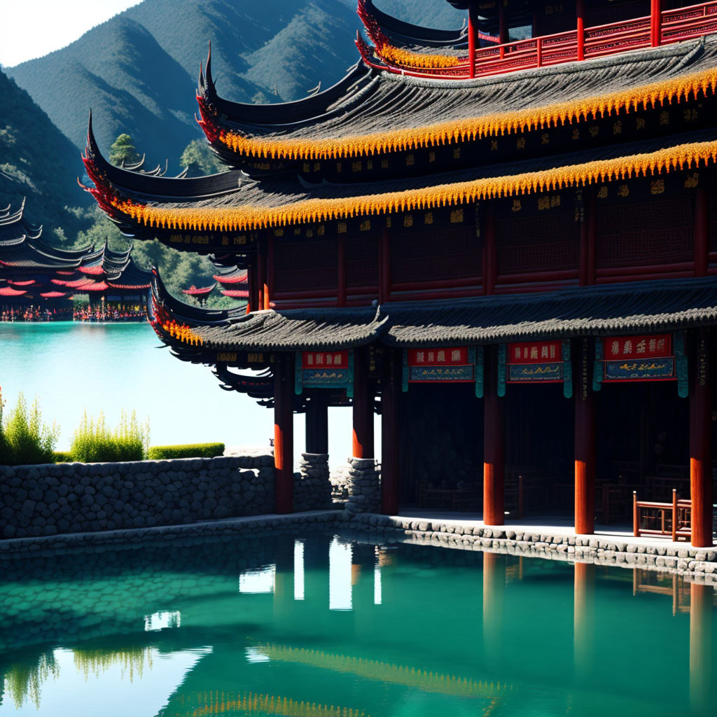 Traditional Chinese Architecture Reflecting in Tranquil Lake Against Green Hills