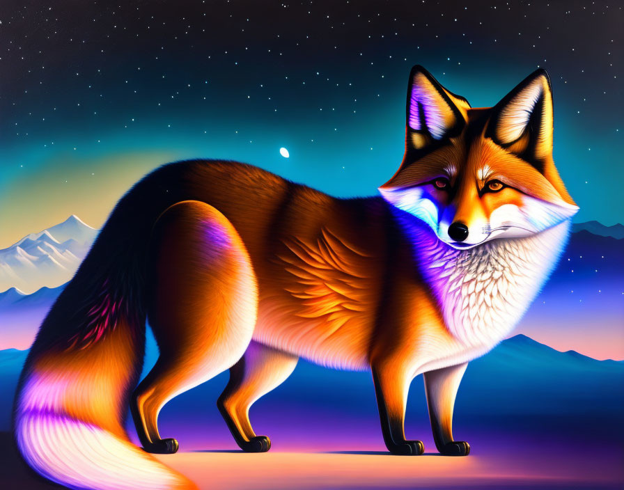 Colorful Red Fox Illustration on Twilight Sky with Stars & Mountains