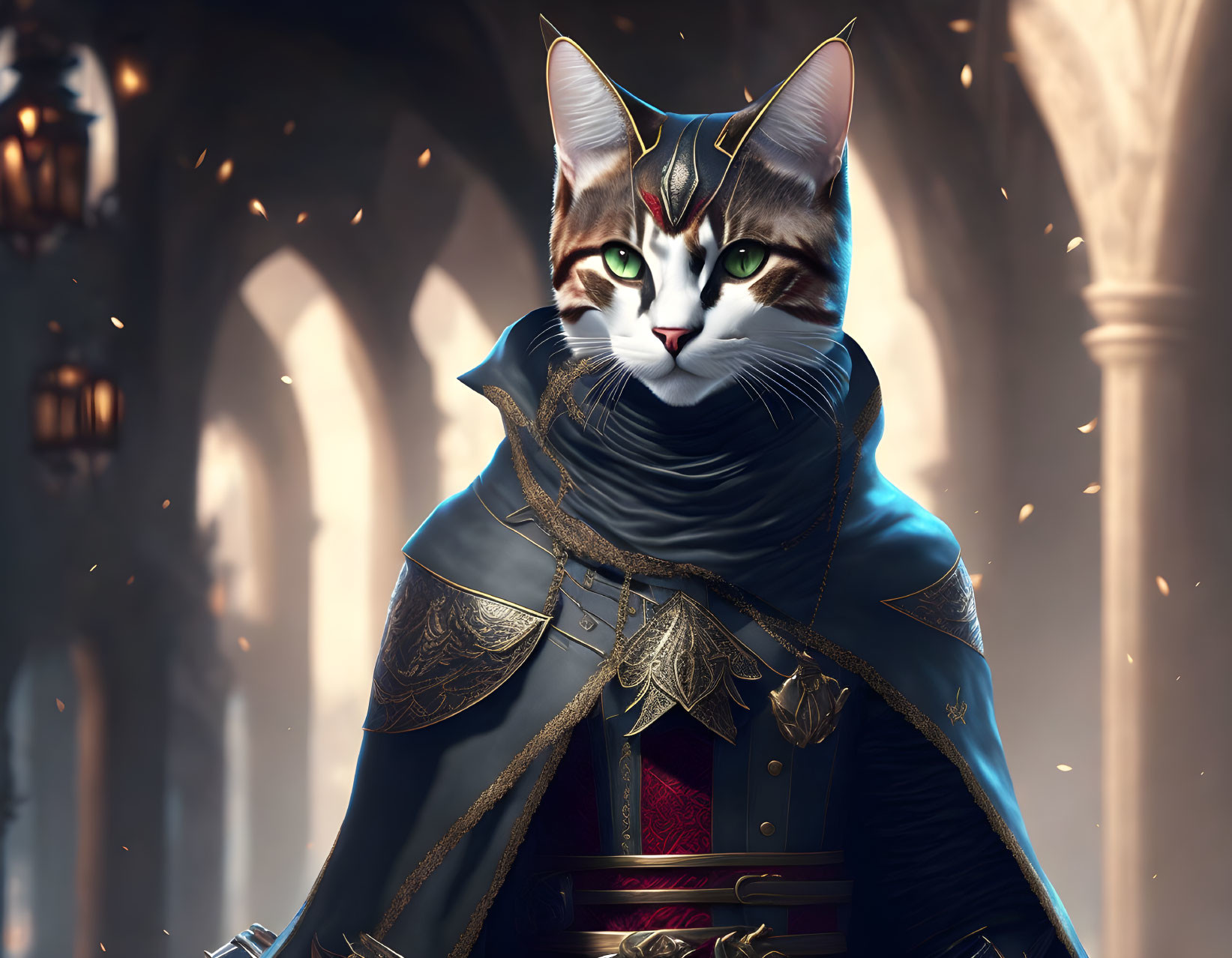 Regal cat in medieval armor with green eyes in grand hallway