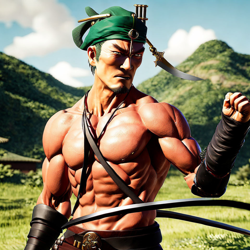 Muscular character with green headband wields swords in scenic backdrop