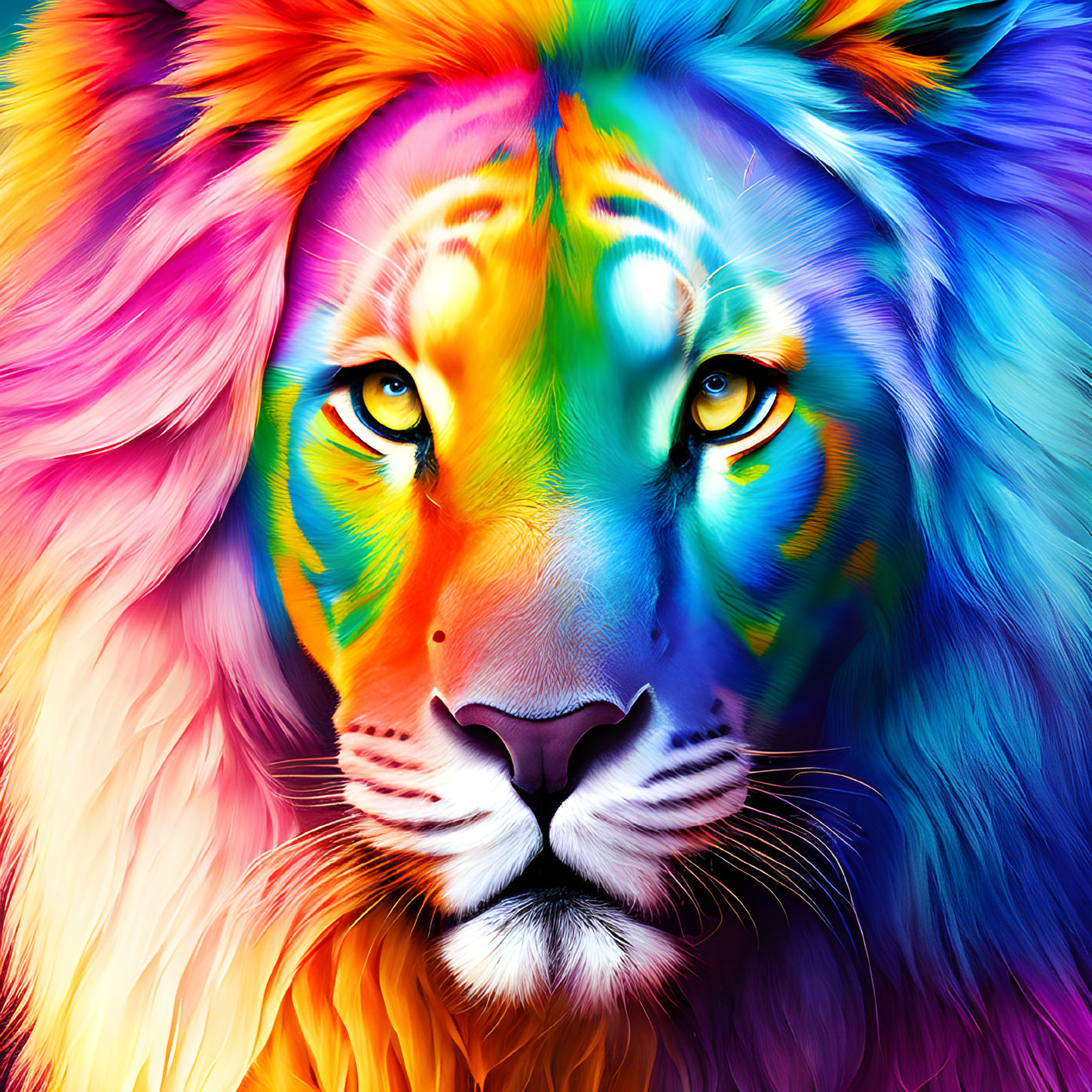 Colorful Lion Face Artwork with Rainbow Fur and Intense Eyes