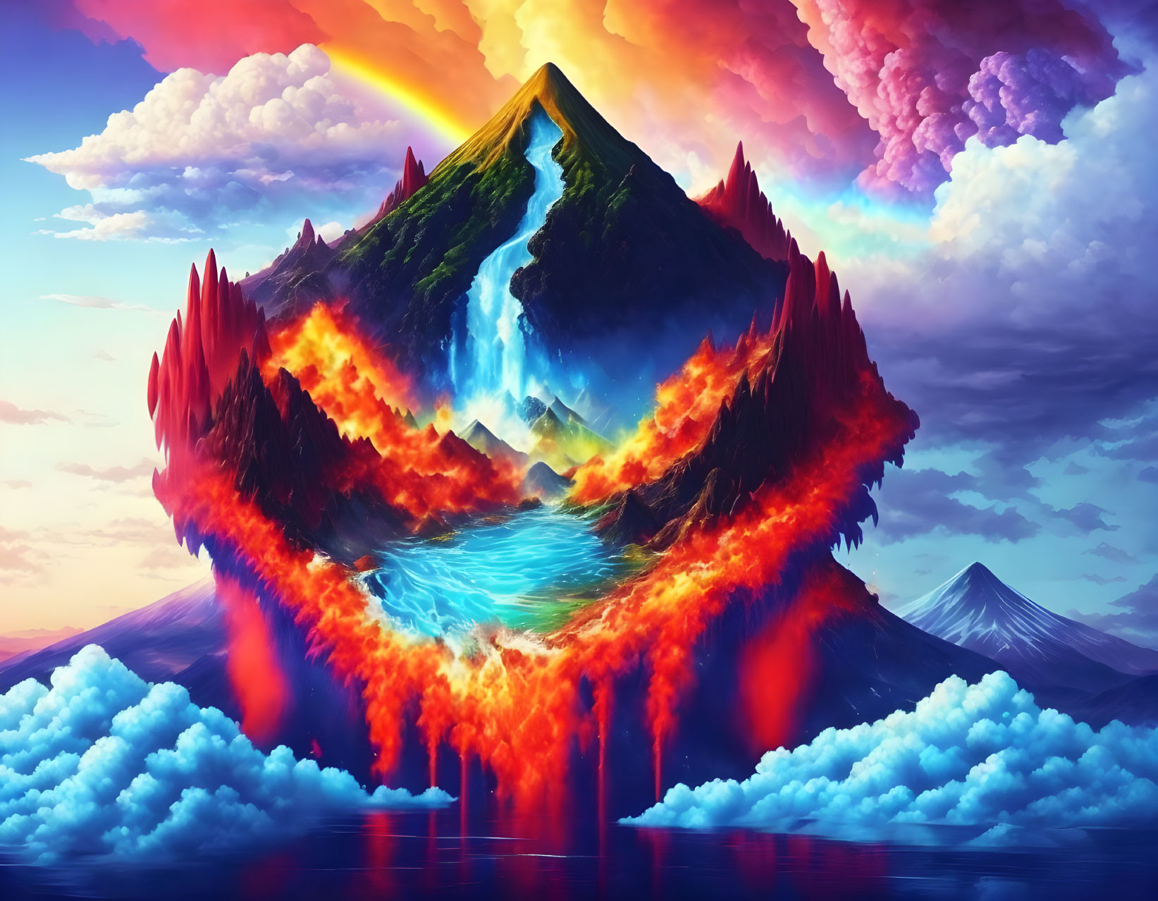 Colorful surreal mountain with fiery waterfall and clouds under vibrant sky