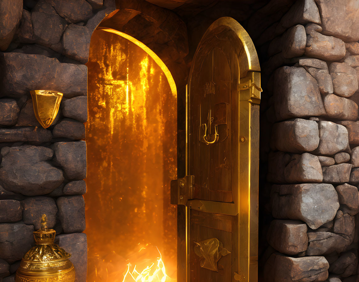 Golden door ajar with glowing light, two goblets beside, set in stone wall