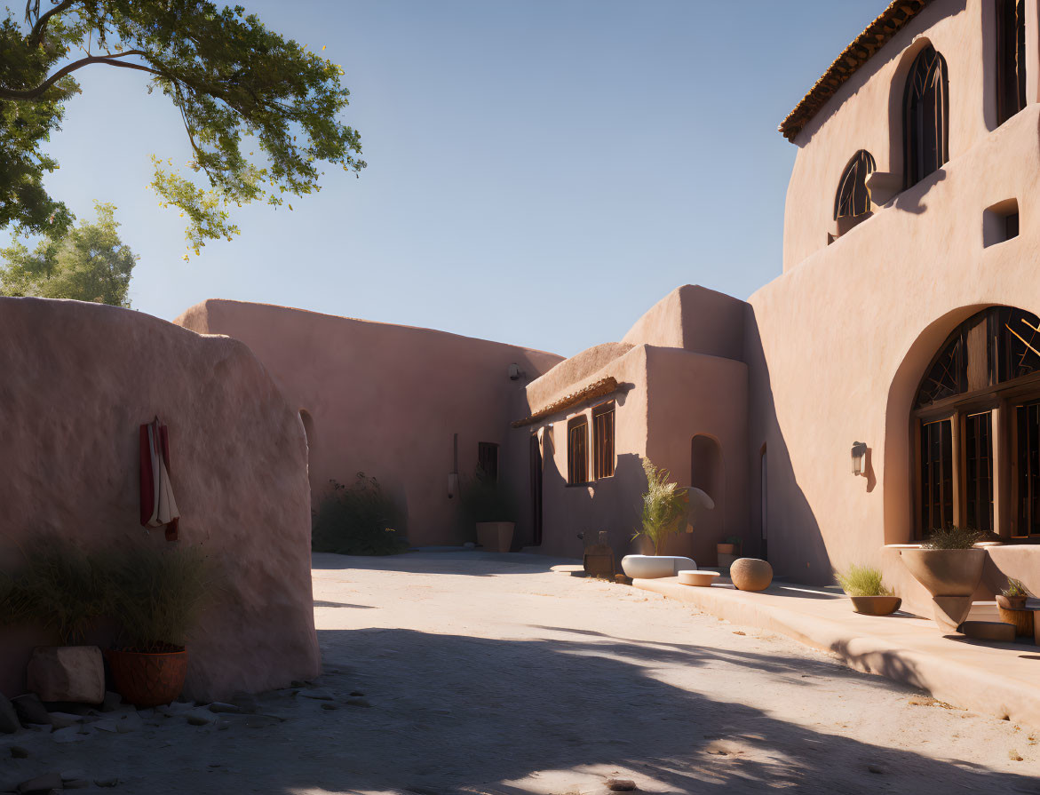 Tranquil Courtyard with Adobe Buildings and Blue Sky