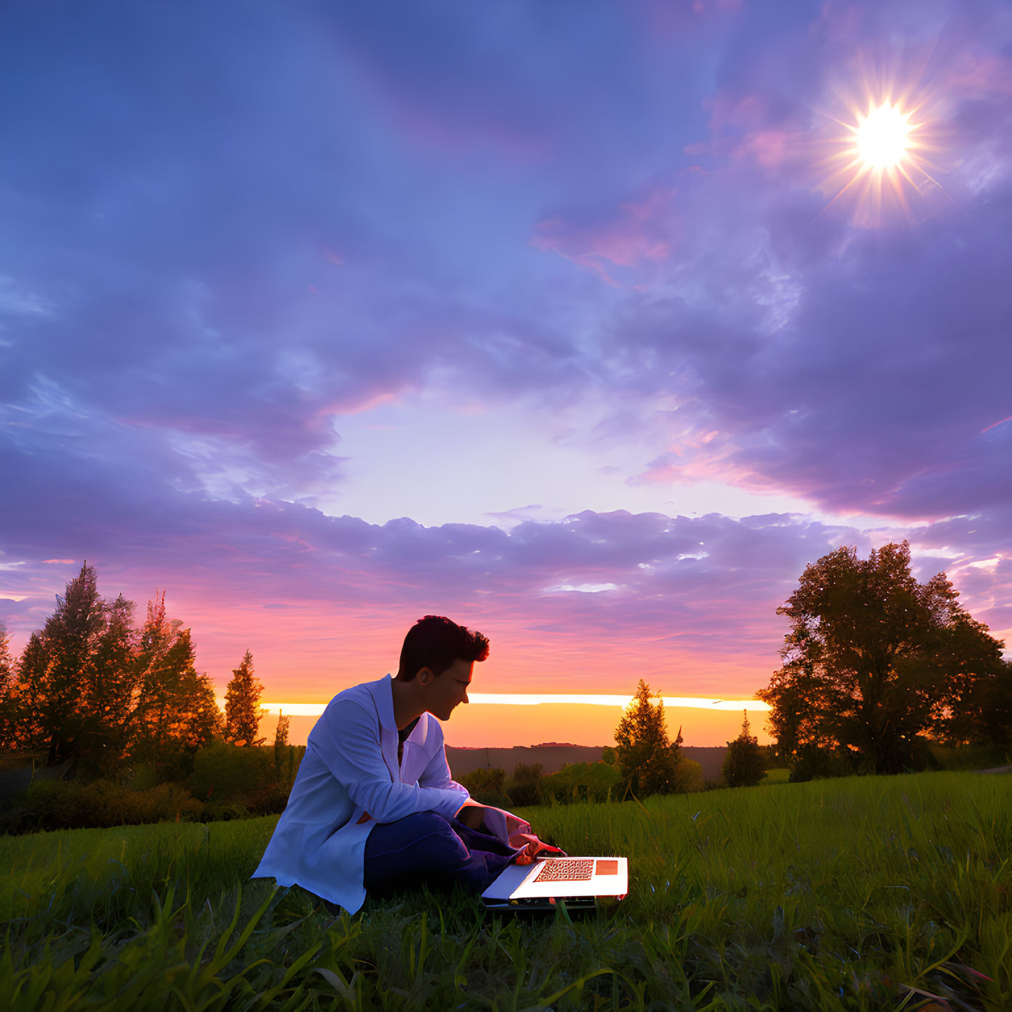 Person working on laptop at sunset with vibrant sky and starburst sun.