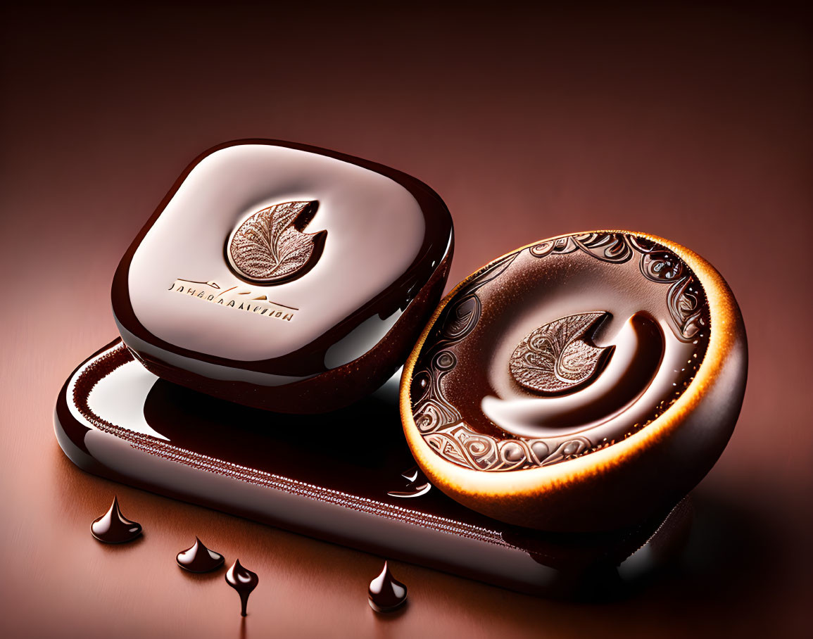 Luxurious Chocolate Candies with Intricate Designs on Glossy Surface