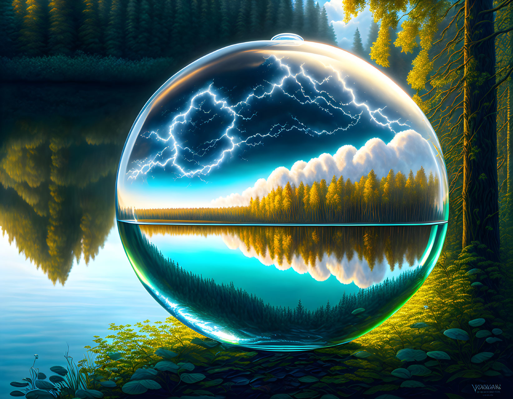 Transparent Sphere Reflecting Forest, Lake, and Lightning at Twilight