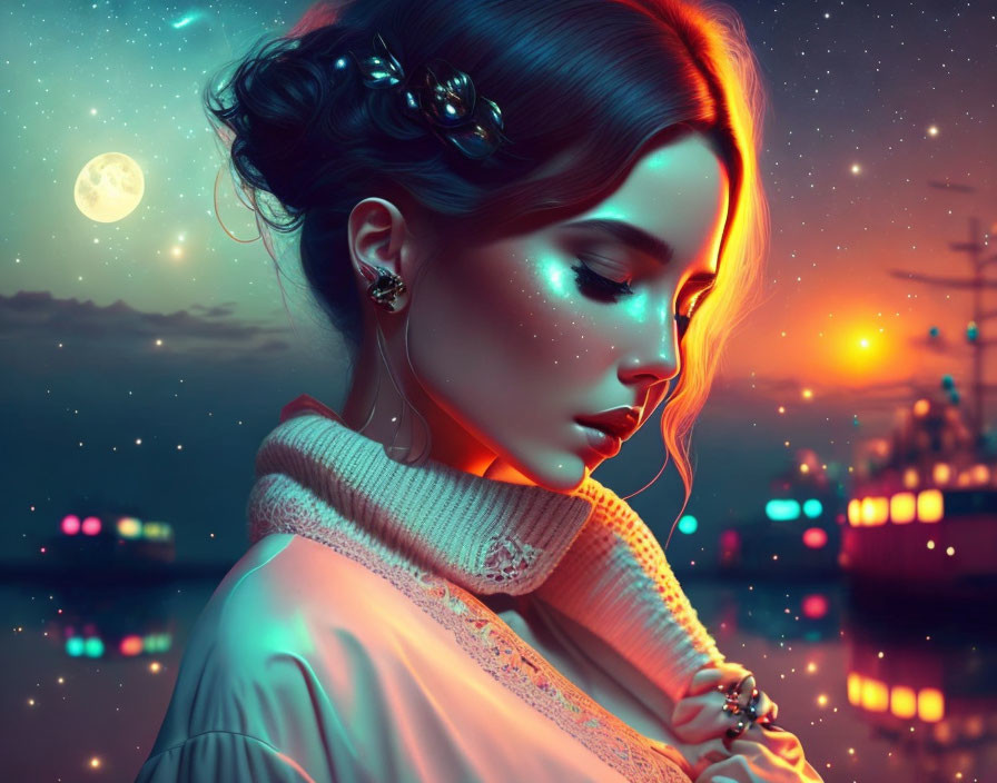 Digital Artwork: Woman with Glowing Skin and Flowers in Hair in Moonlit Harbor