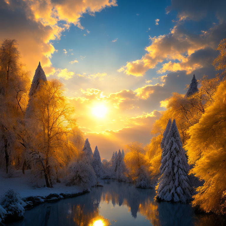 Tranquil river scene with snowy trees and vibrant sunrise