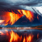 Volcanic eruption with lava flows under stormy sky and fiery glow