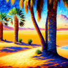 Colorful Tropical Sunset Painting with Palm Trees and Water Reflections