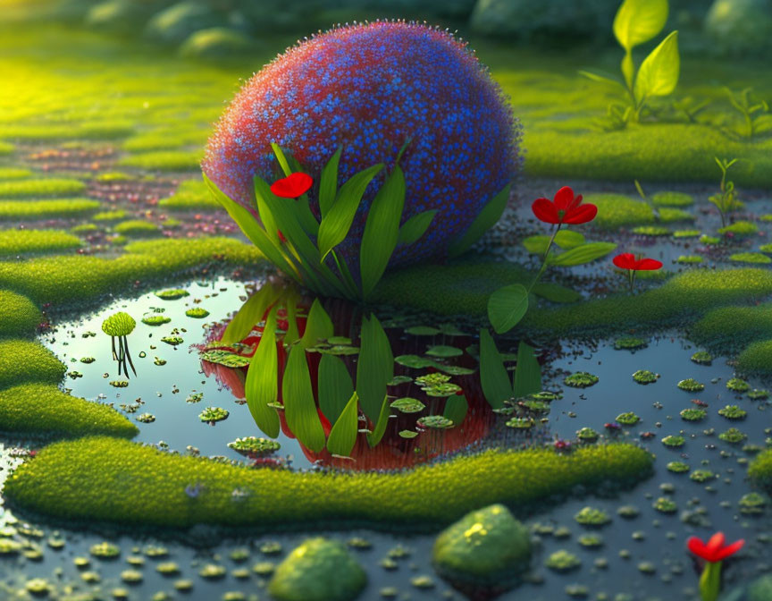 Colorful 3D Nature Scene with Egg Shape, Flowers, and Pond