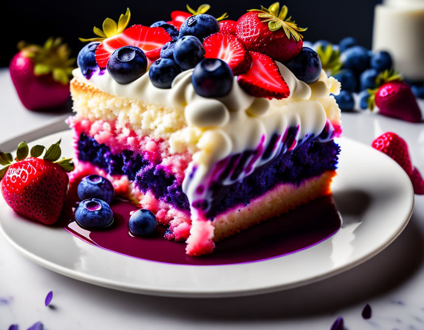 Colorful layered cake topped with whipped cream and fresh berries on a white plate