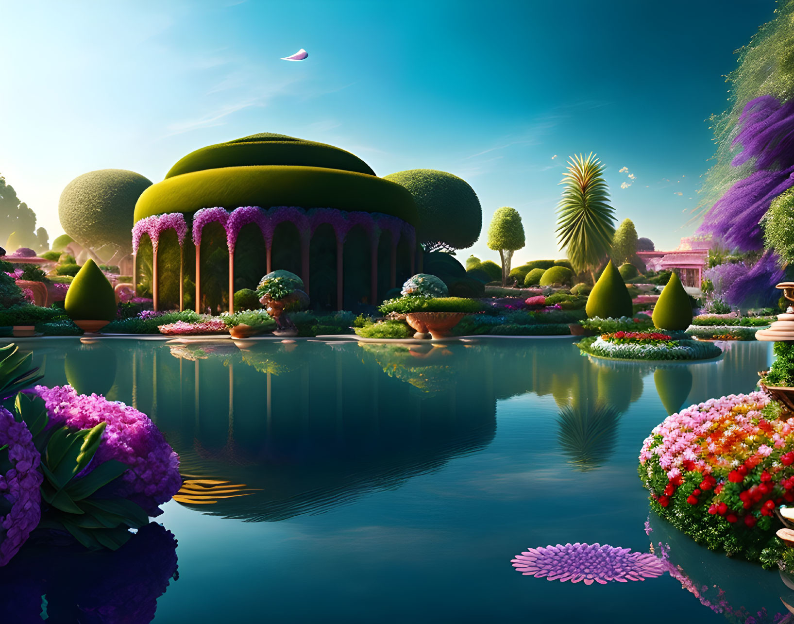 Colorful Fantasy Landscape with UFO and Reflective Lake