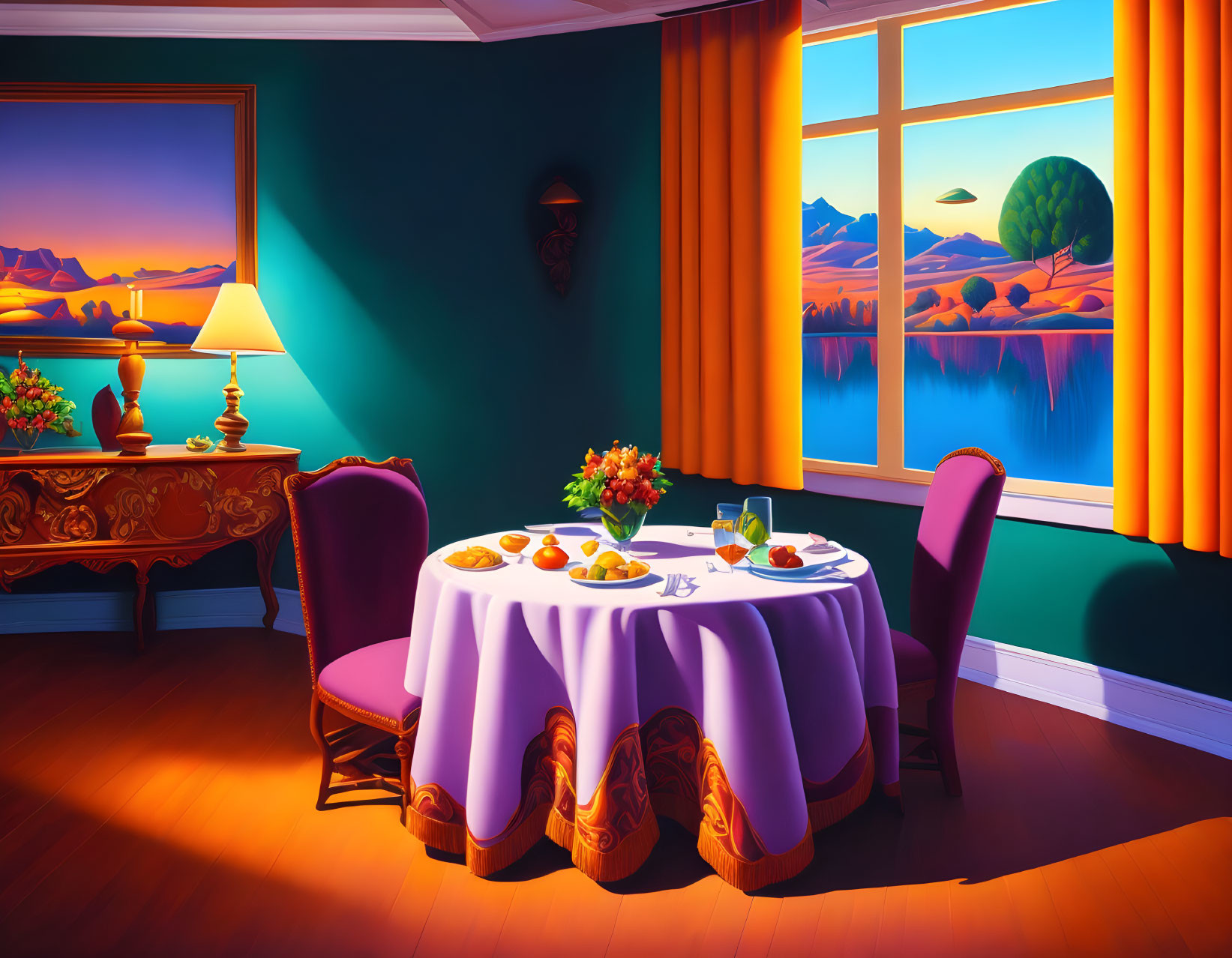 Sunset-themed dining room with table for two, lamp, painting, and scenic lake view