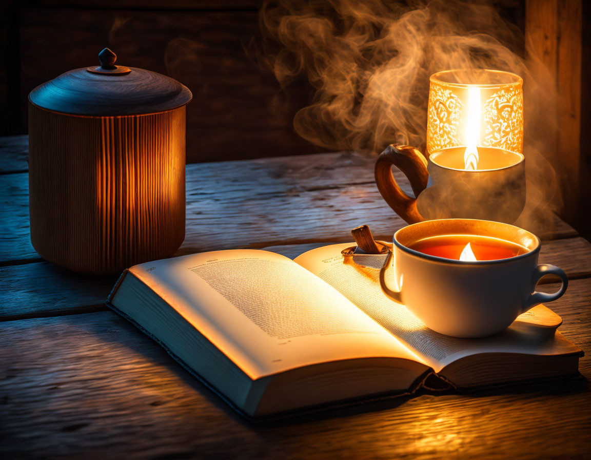 Warm Glow: Steaming Tea, Open Book, Lit Candle on Wooden Surface