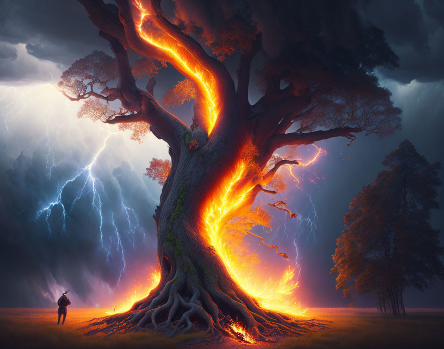 Person standing by massive tree with glowing lava-like fissures amid stormy skies