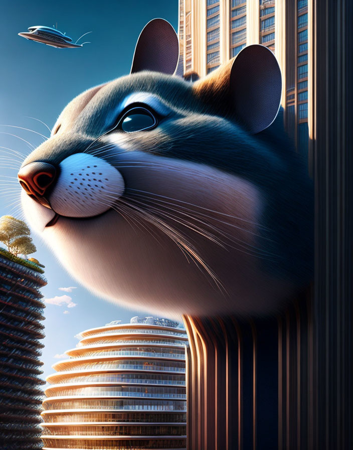 Giant cartoon chipmunk in urban skyline with futuristic airship