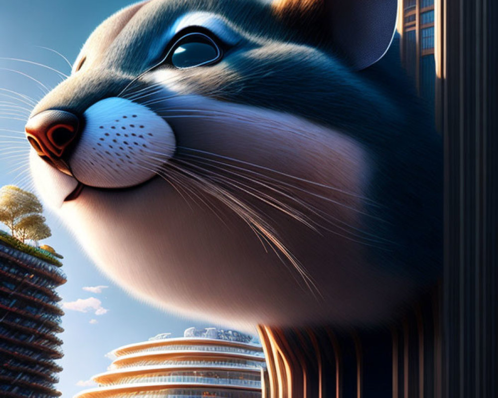 Giant cartoon chipmunk in urban skyline with futuristic airship