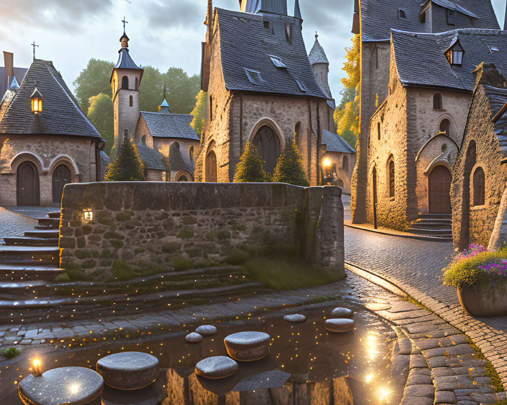 European Village at Dusk: Cobblestone Paths, Stone Houses, Church, Flowers