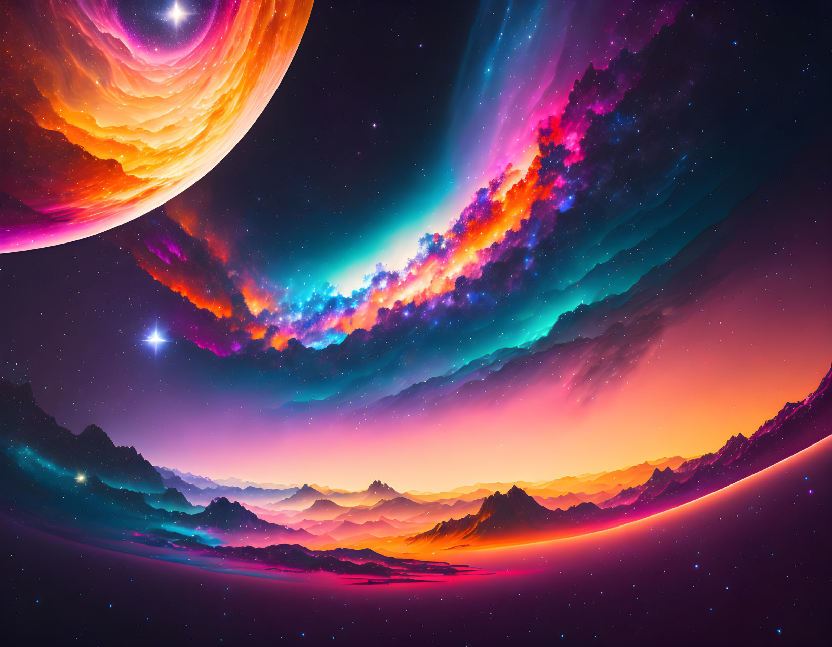 Colorful sci-fi landscape with planet, nebulae, shooting stars, and mountains under cosmic sky