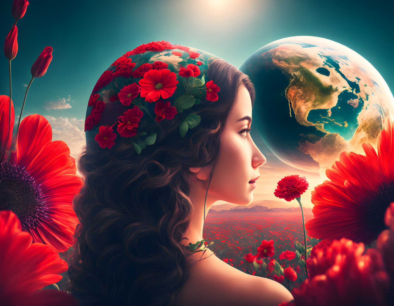 Woman with floral headband admires Earth among red poppies in surreal sky