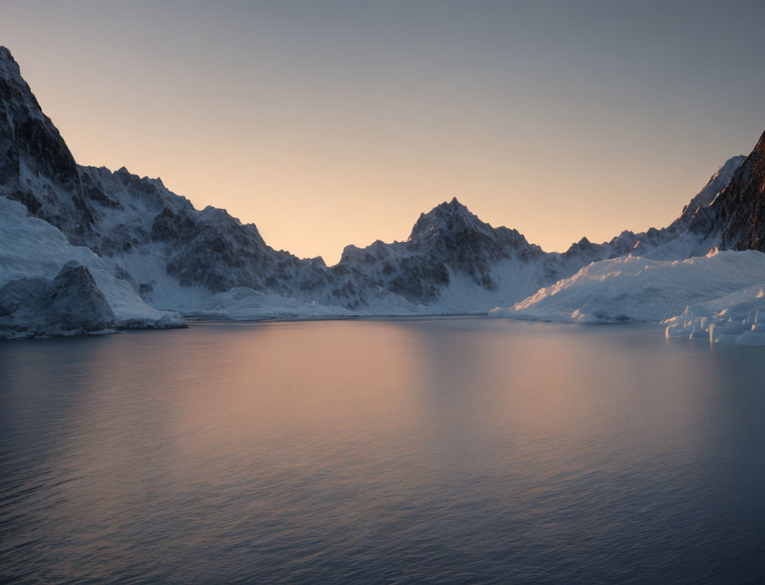 Tranquil scene of smooth waters and snowy mountains at sunrise or sunset