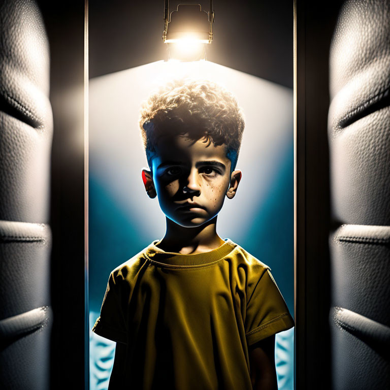 Curly-Haired Boy in Dramatic Lighting with Yellow Shirt