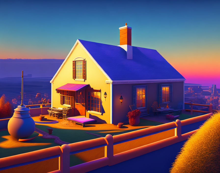 Stylized dusk scene: cozy house, warm lighting, orange and blue sky