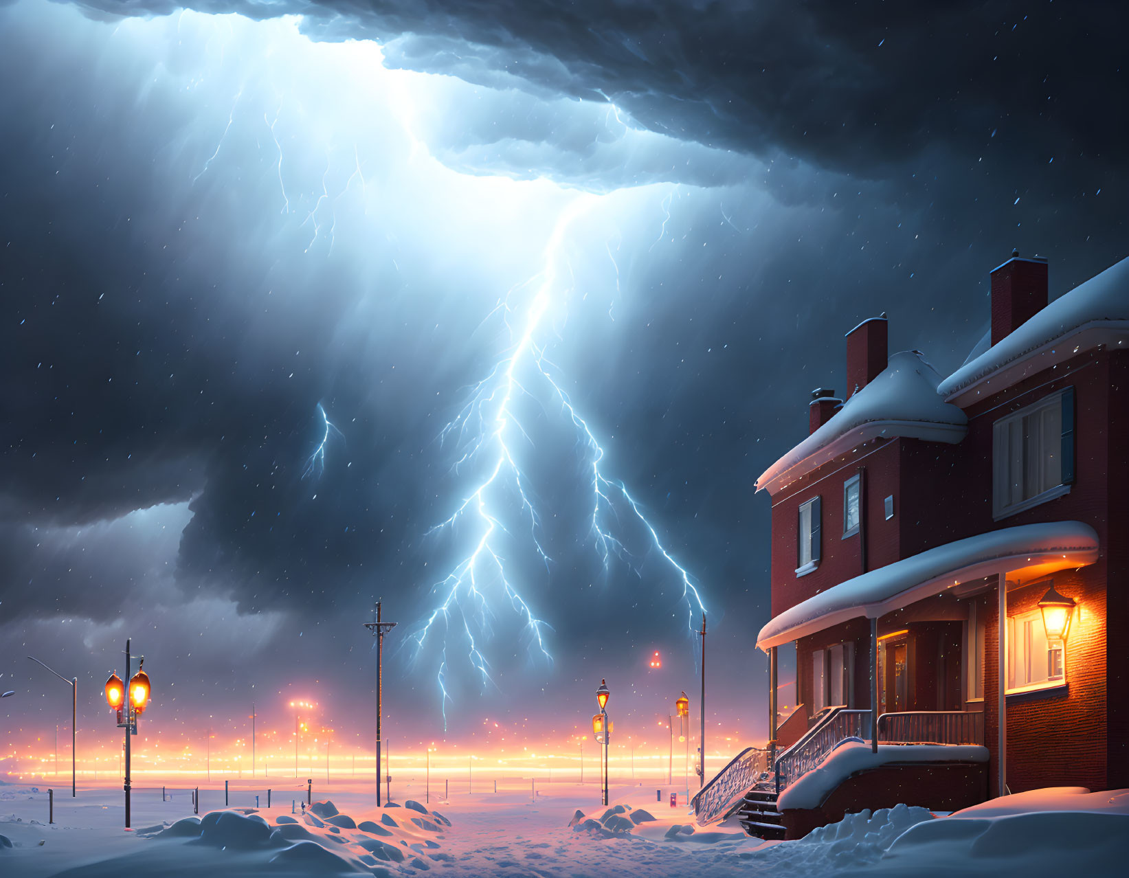 Winter Night: Red-Brick House, Snowy Landscape, Lightning Sky