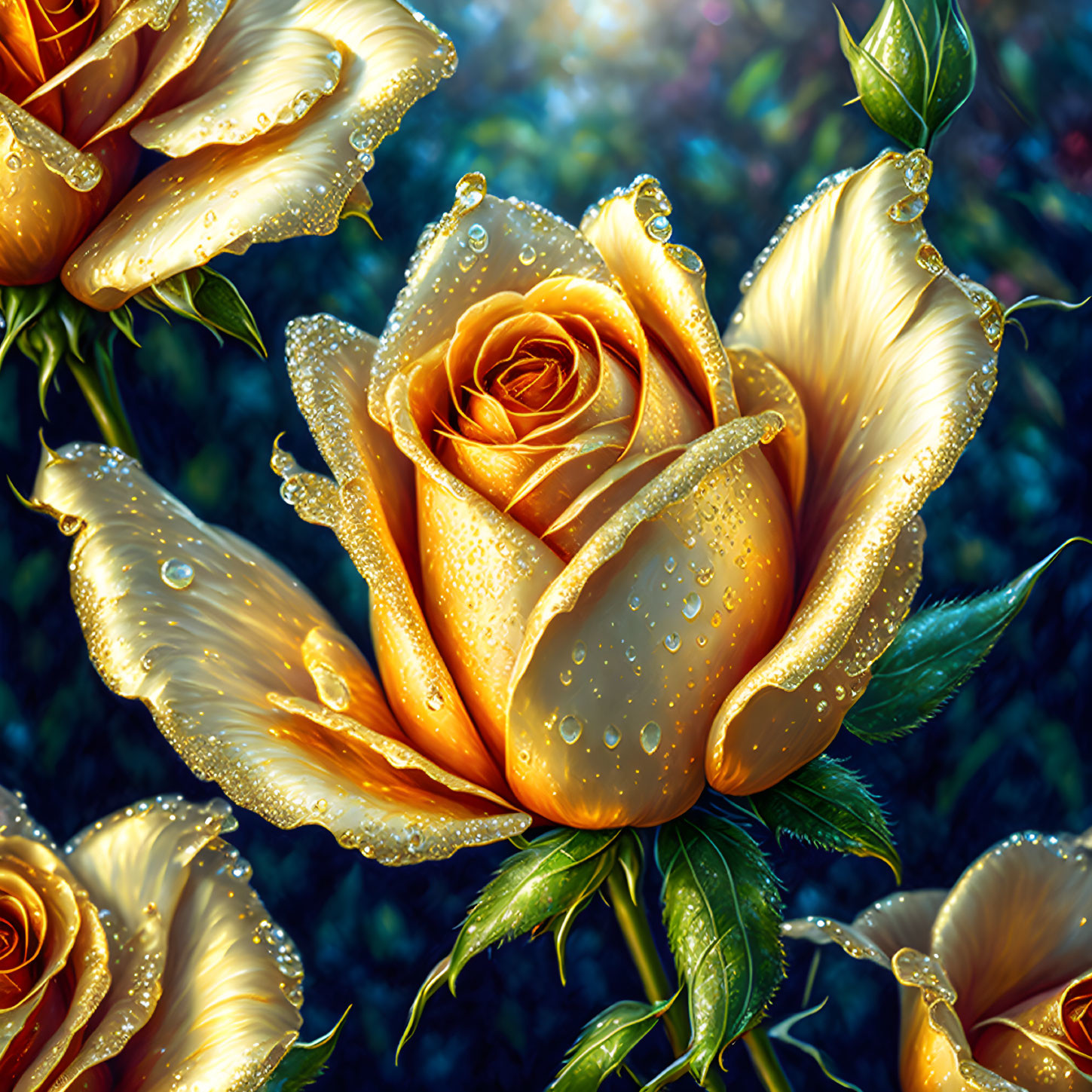 Vibrant gold rose with water droplets among roses on blurred green backdrop