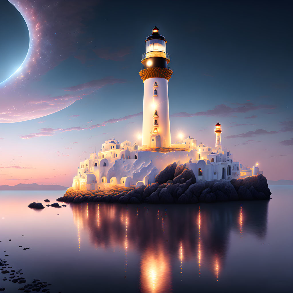 Fantasy lighthouse on rocky island at dusk with lit windows, starry sky, and crescent