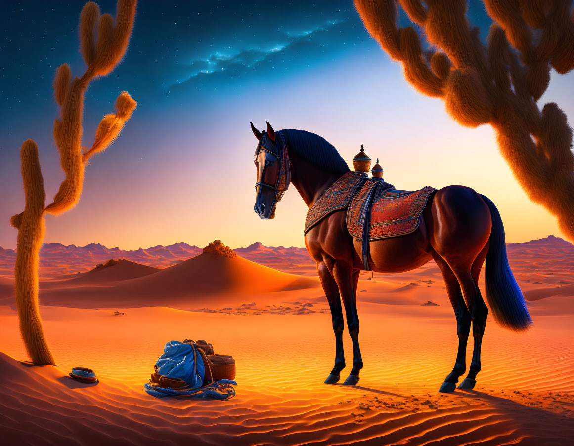 Saddled horse in desert at dusk with orange dunes, starry sky, and large c