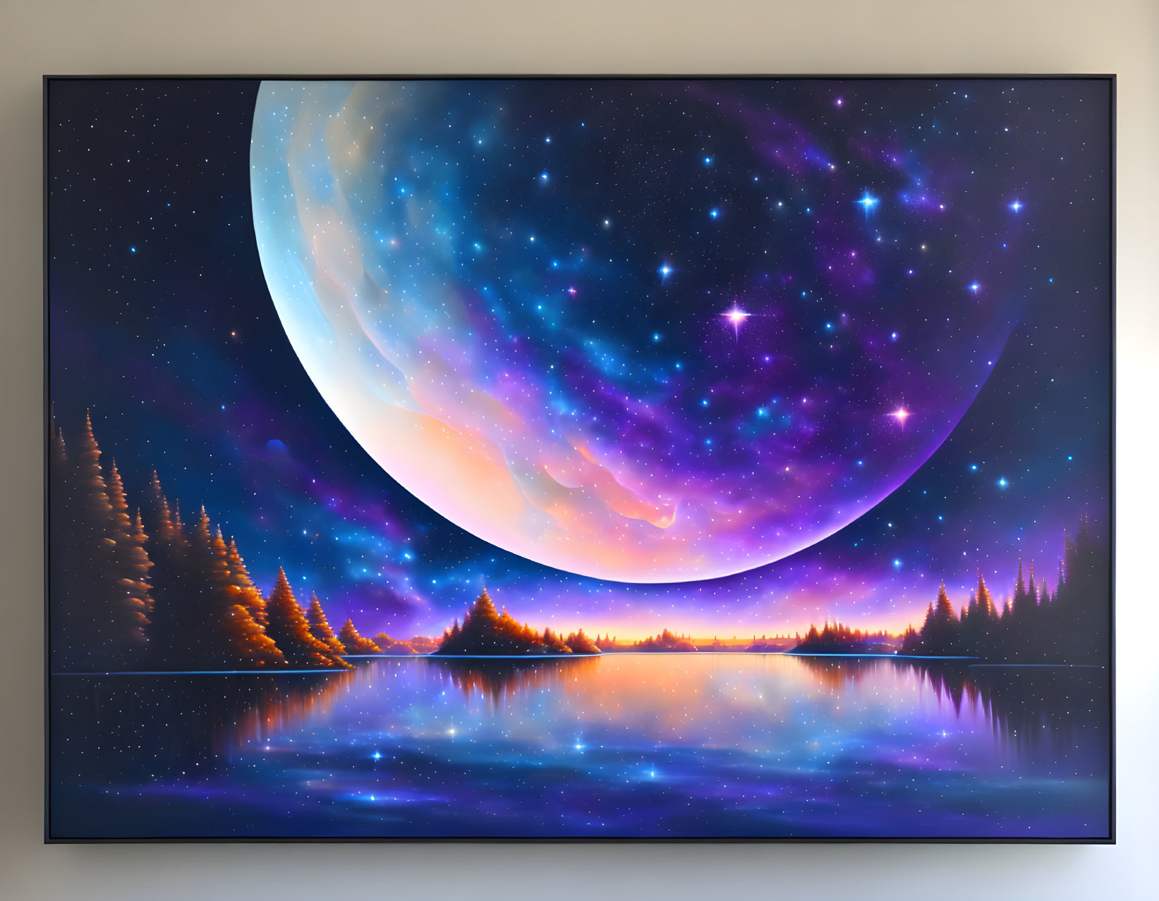 Detailed digital artwork of moon over forest and lake at twilight