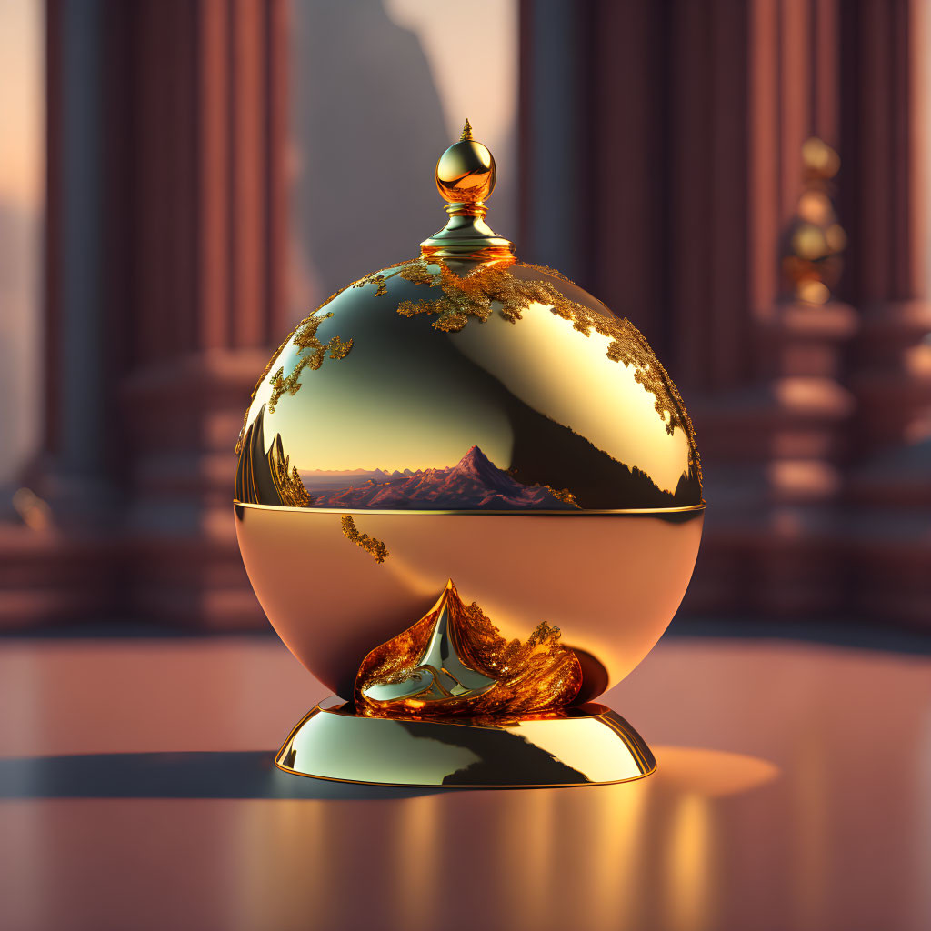 Reflective Ornamental Sphere with Mountain Landscape and Golden Accents on Classical Architecture Background