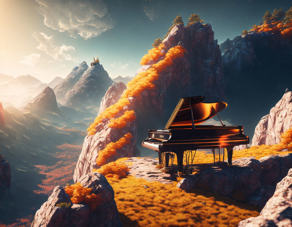 Grand Piano on Cliff Surrounded by Autumn Trees and Castle