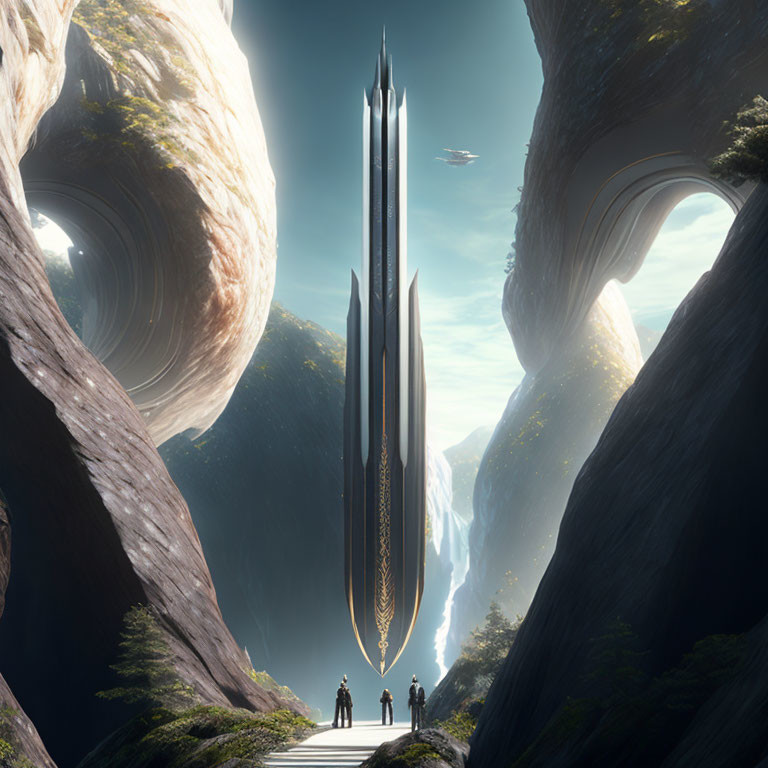 Futuristic tower between cliffs with two moons, three figures on path