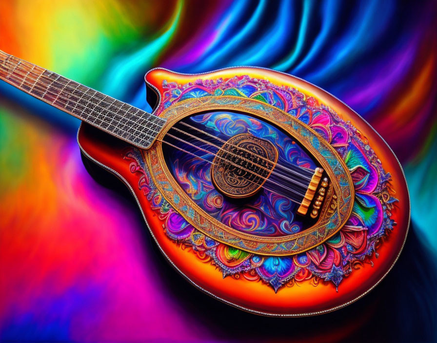 Colorful Lute with Psychedelic Background Displaying Fusion of Music and Art