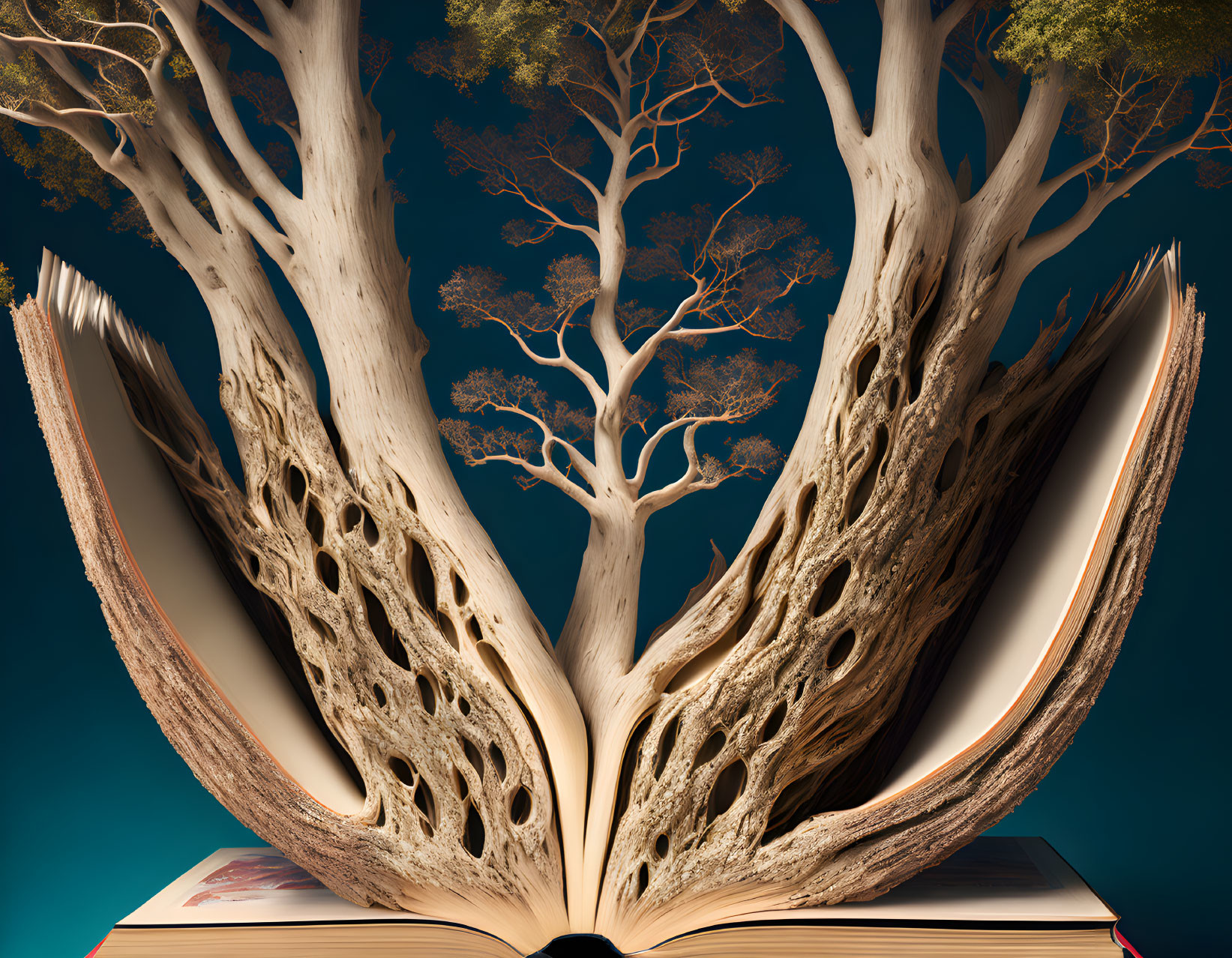 Open book pages transform into intricate trees on teal background