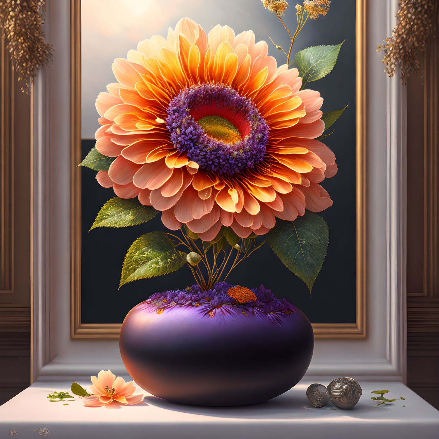 Colorful digital artwork featuring large sunflower in purple vase with seeds on table against window frame.