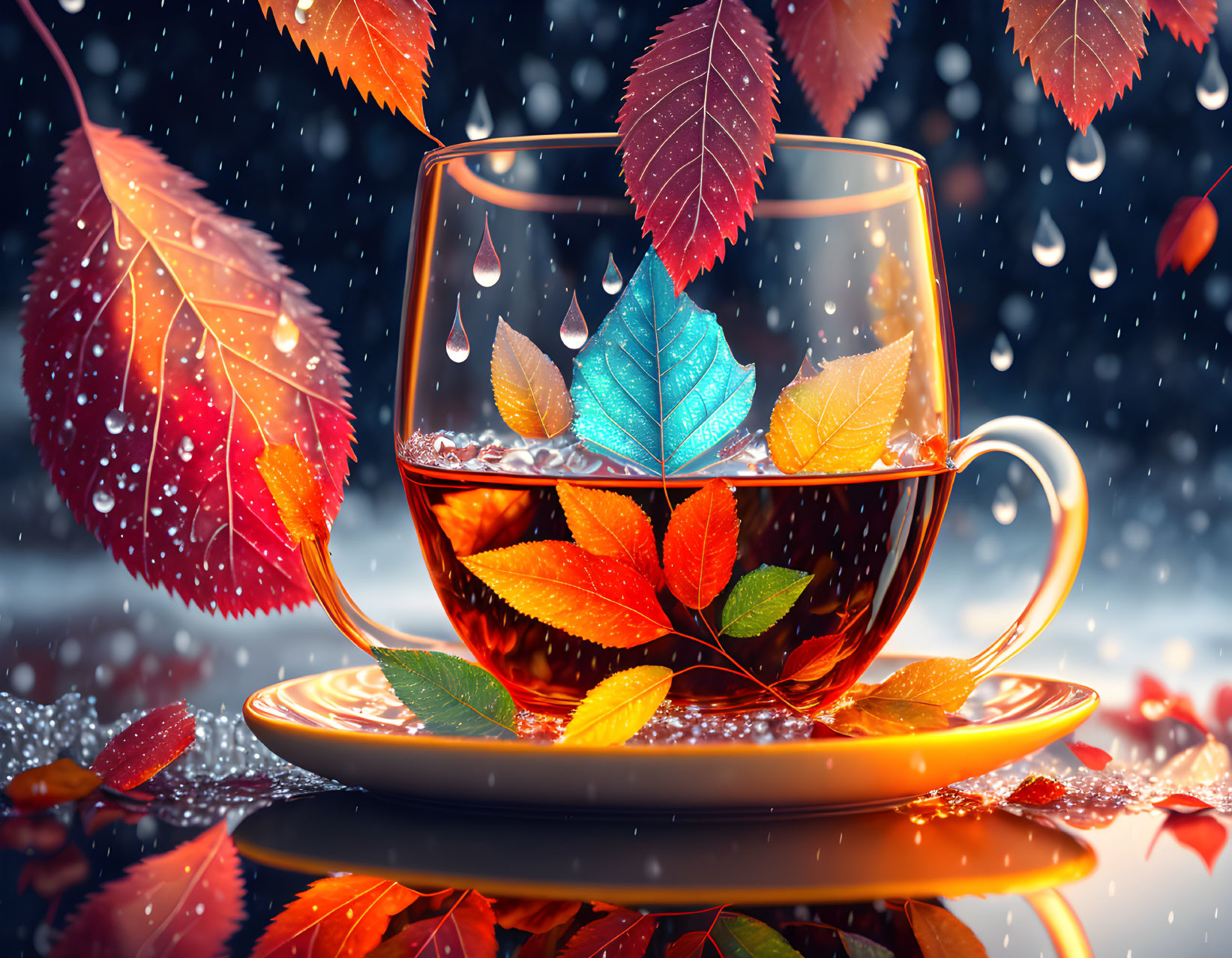 Transparent glass teacup with autumn leaves and raindrops on bokeh background