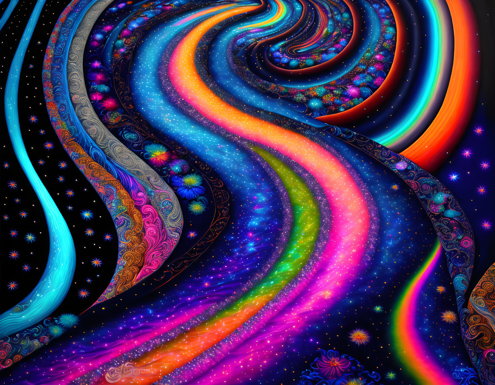 Colorful abstract image with cosmic galaxy swirls and paisley borders