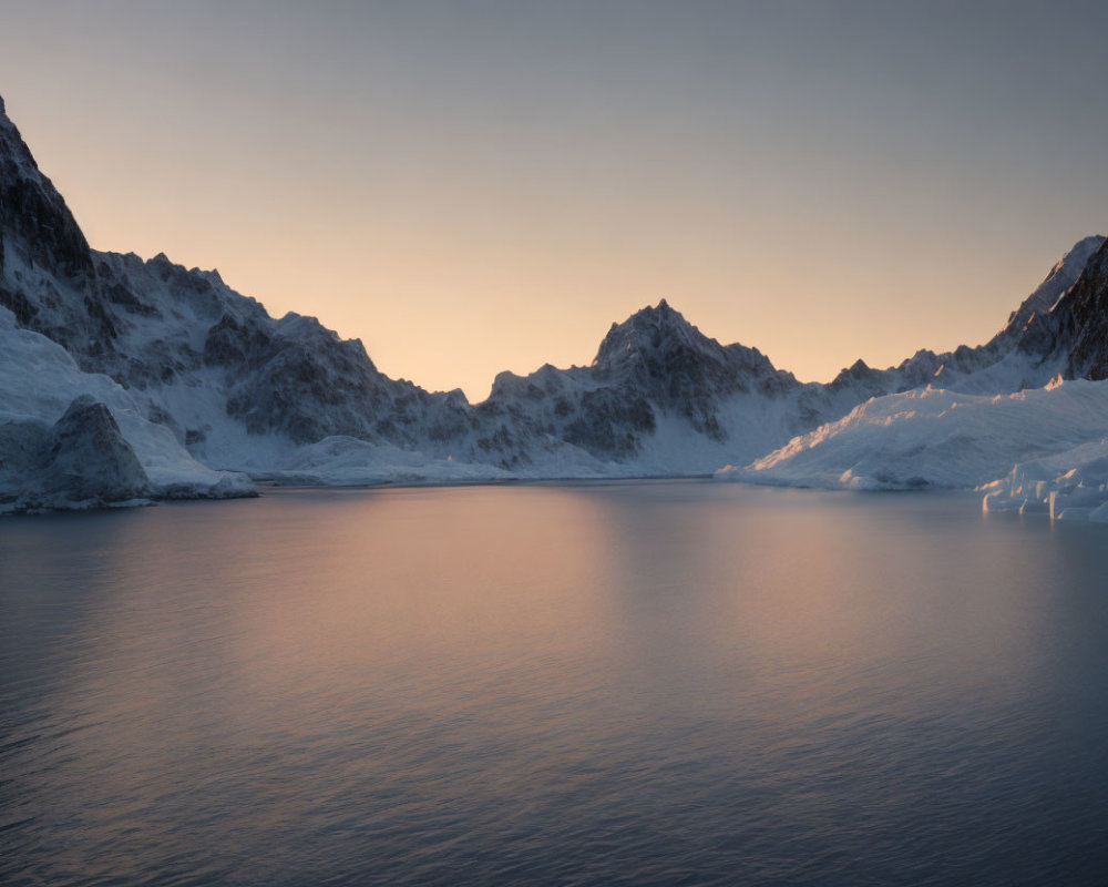 Tranquil scene of smooth waters and snowy mountains at sunrise or sunset