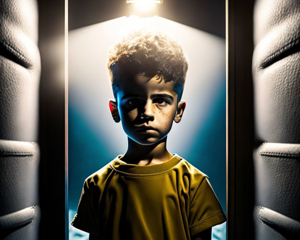 Curly-Haired Boy in Dramatic Lighting with Yellow Shirt