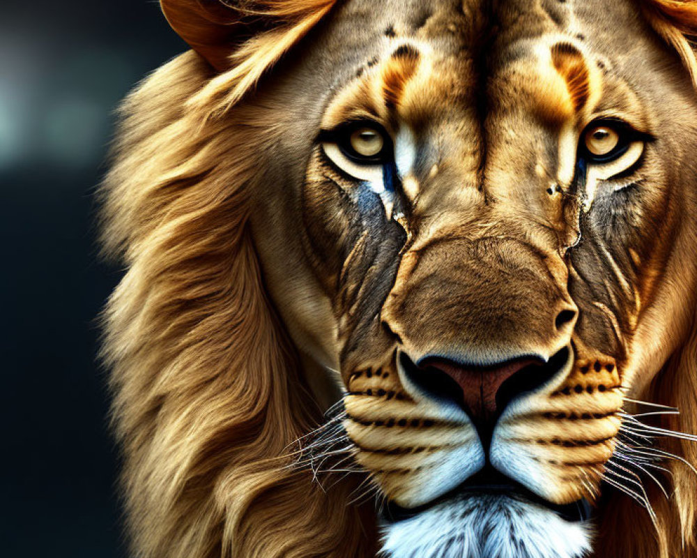 Detailed close-up of majestic lion face with intense eyes and distinctive mane on dark backdrop