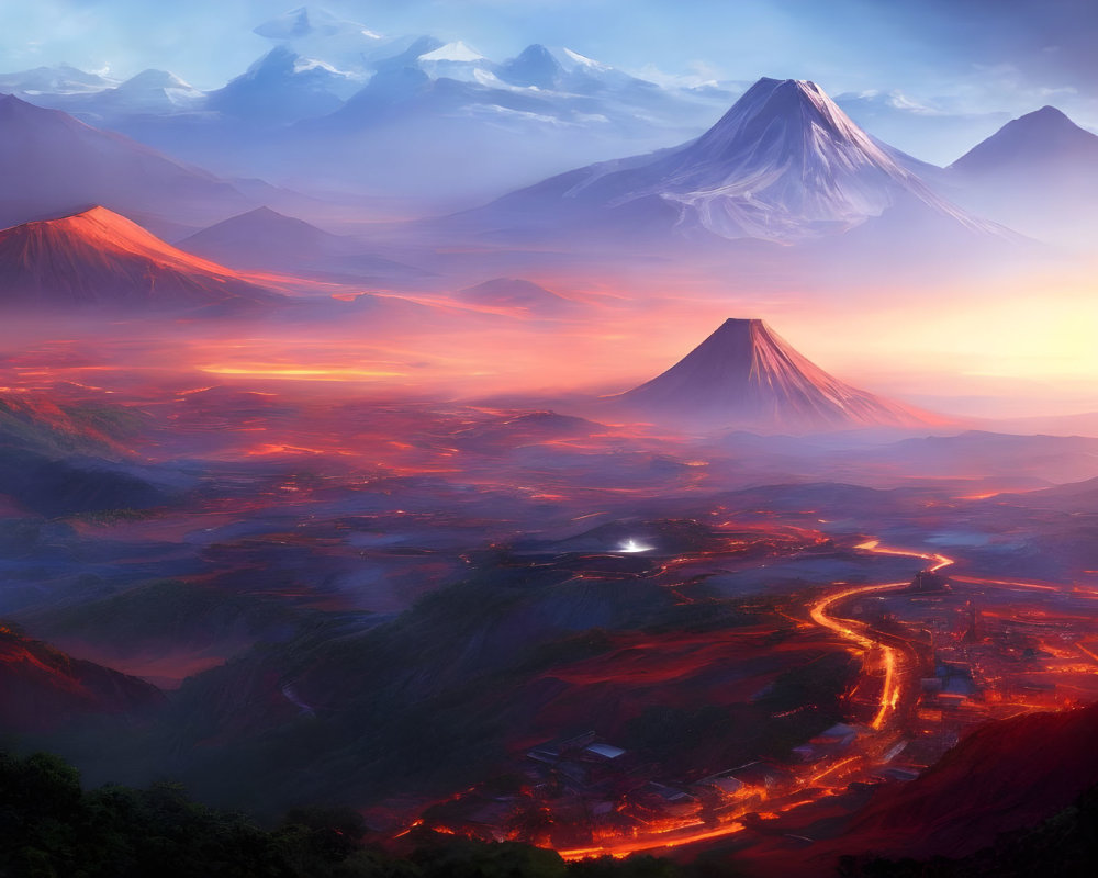 Colorful digital landscape with illuminated peaks, lava river, village under warm sky