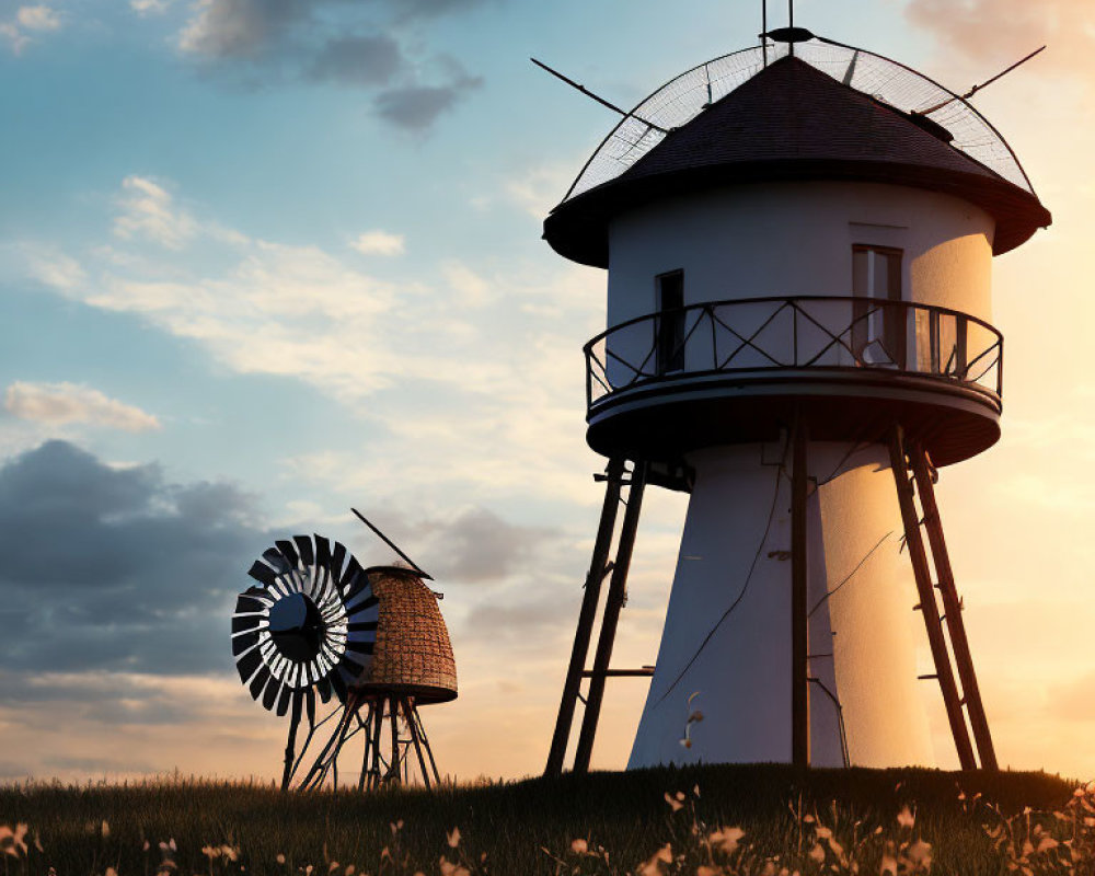 Traditional windmill and windpump in flower field at dusk