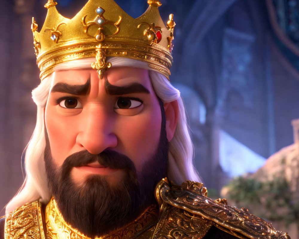 3D animated king with golden crown and blue eyes