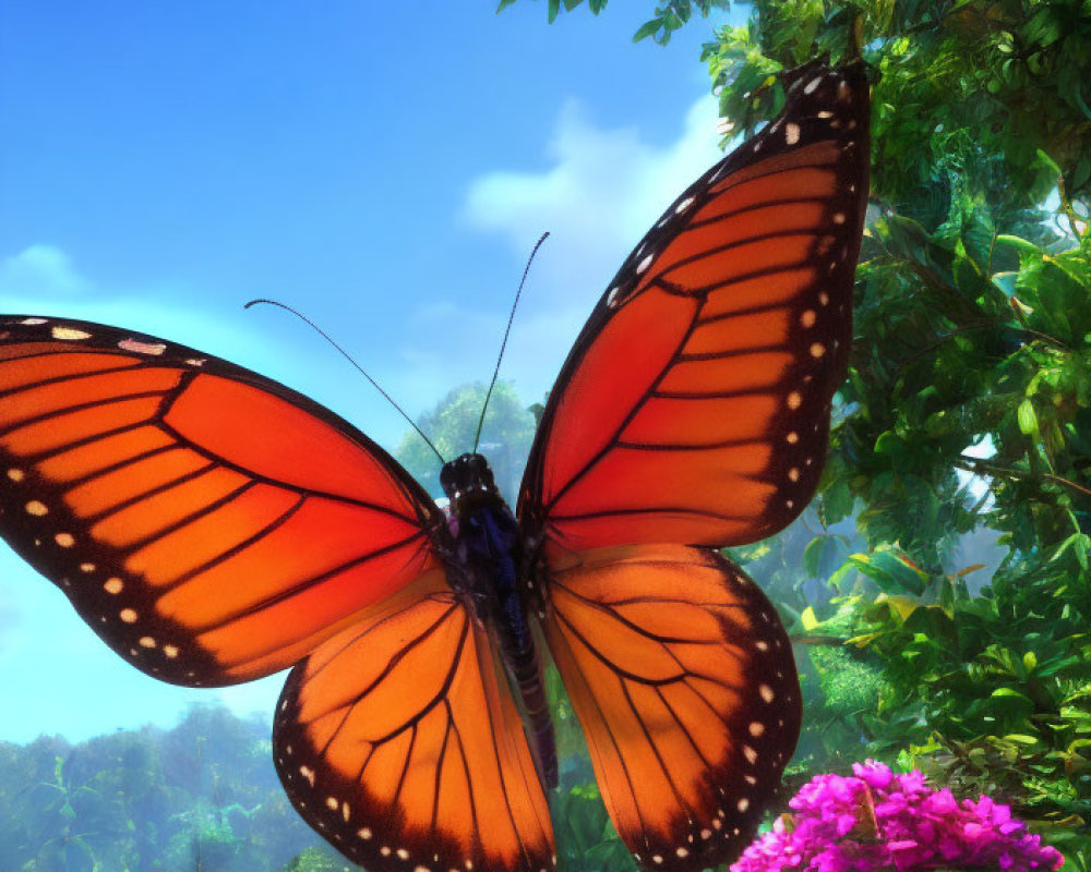 Colorful Monarch Butterfly on Purple Flower in Sunlit Forest