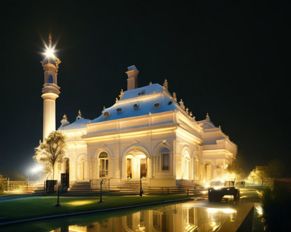 Nighttime view of white building with dome and minaret reflected in water.